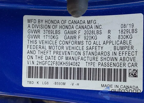 2019 Honda Civic Sport из США, поврежденный, VIN 2HGFC2F80KH594082